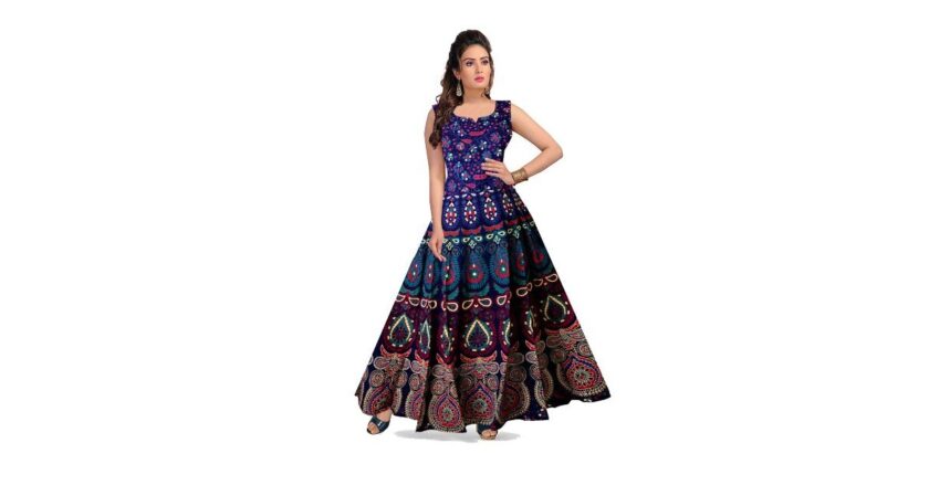 Long Cotton Dress Jaipuri Print Cotton with Sleeves One Piece Dress